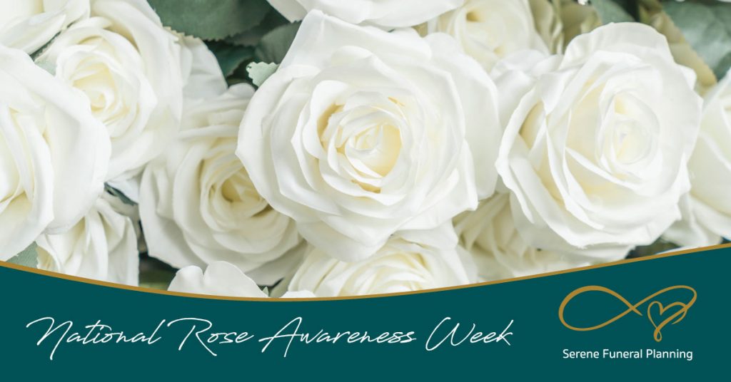 A promotional banner for National Rose Awareness Week by Serene Funeral Planning, featuring a close-up of white roses in the background, with elegant script text and the company's logo, symbolizing remembrance and honoring loved ones.